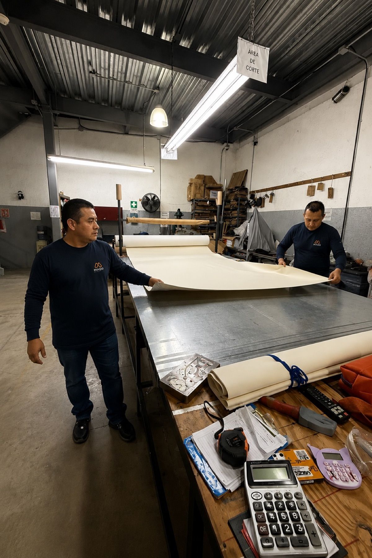 Área de corte en la fábrica de MAGO, con dos operarios extendiendo un rollo de material